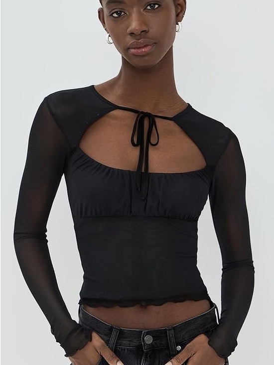 RESA Tops - RESA Cassie Black Sheer Long-Sleeve Tie-Front Crop Top